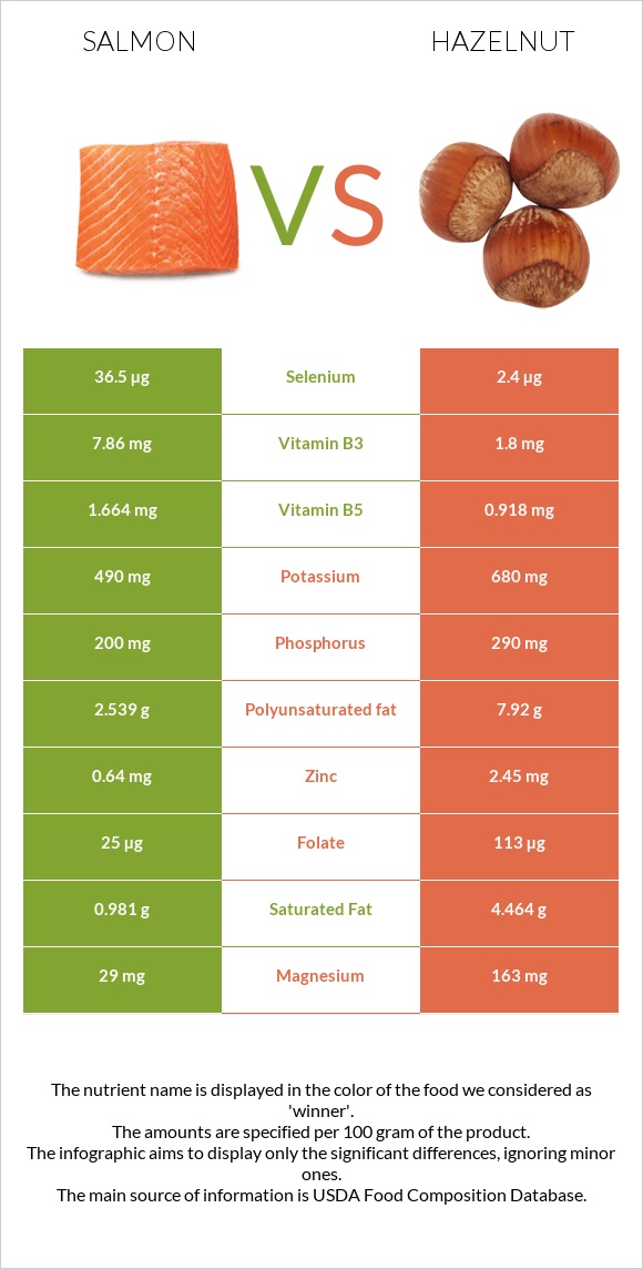 Salmon raw vs Hazelnut infographic