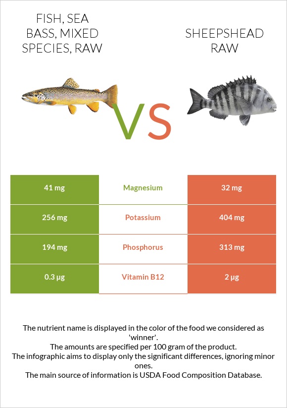 Fish, sea bass, mixed species, raw vs Sheepshead raw infographic