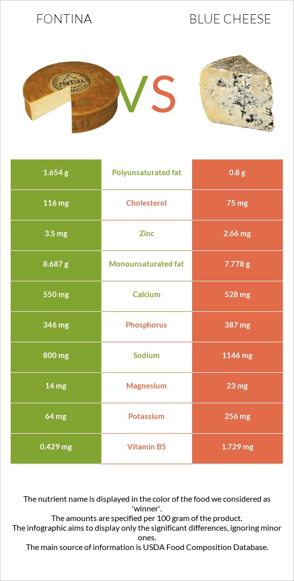 Fontina vs Blue cheese infographic