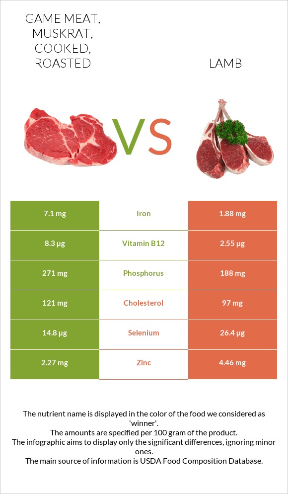 Game meat, muskrat, cooked, roasted vs Lamb infographic