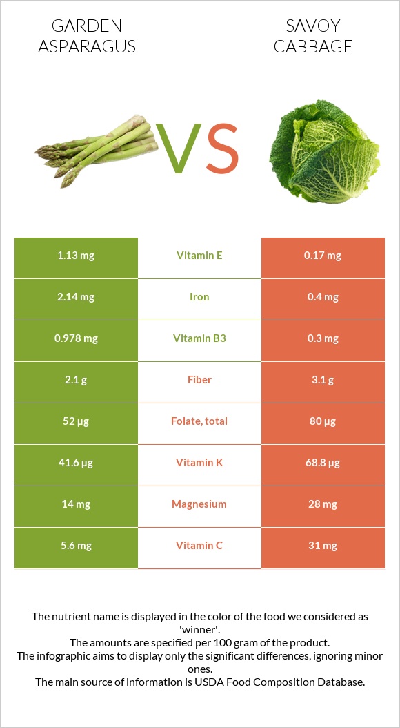 Garden asparagus vs Savoy cabbage infographic