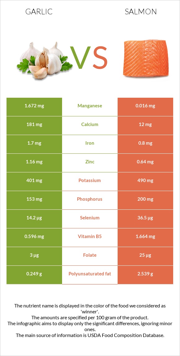 Garlic vs Salmon raw infographic