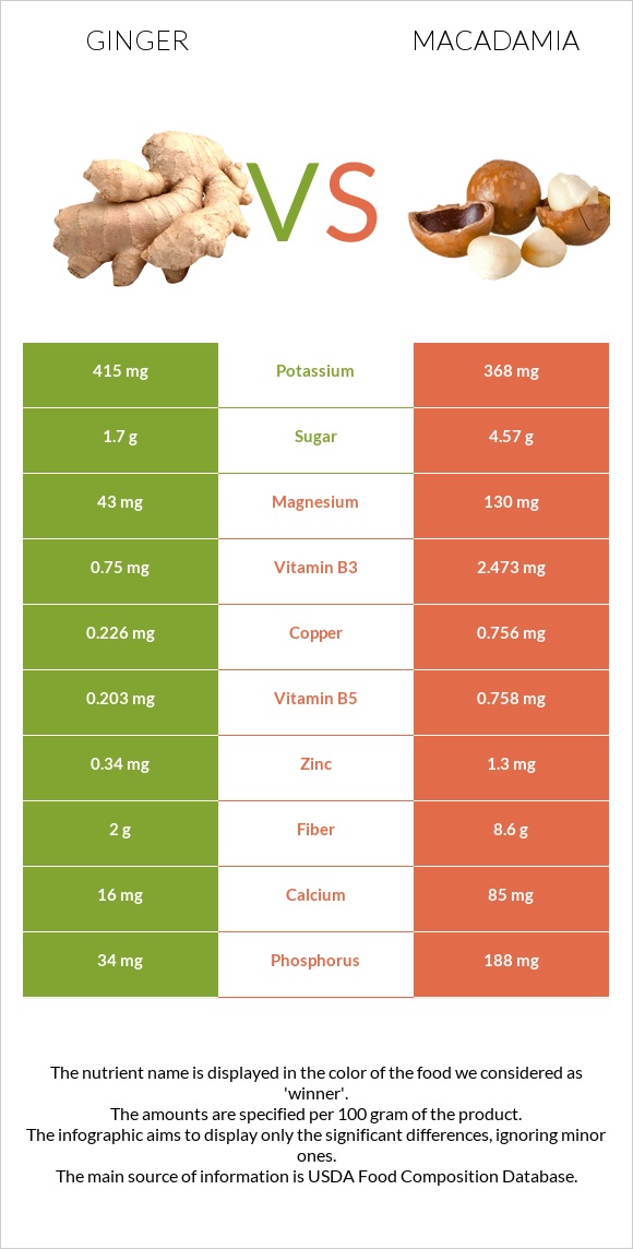 Ginger vs Macadamia infographic