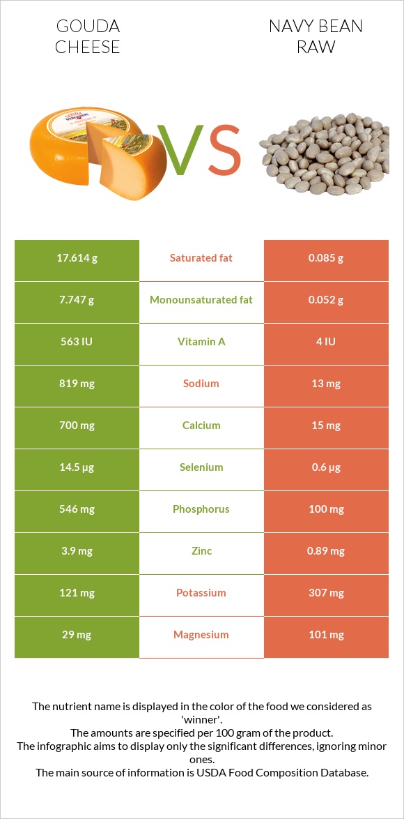 Gouda cheese vs Navy bean raw infographic