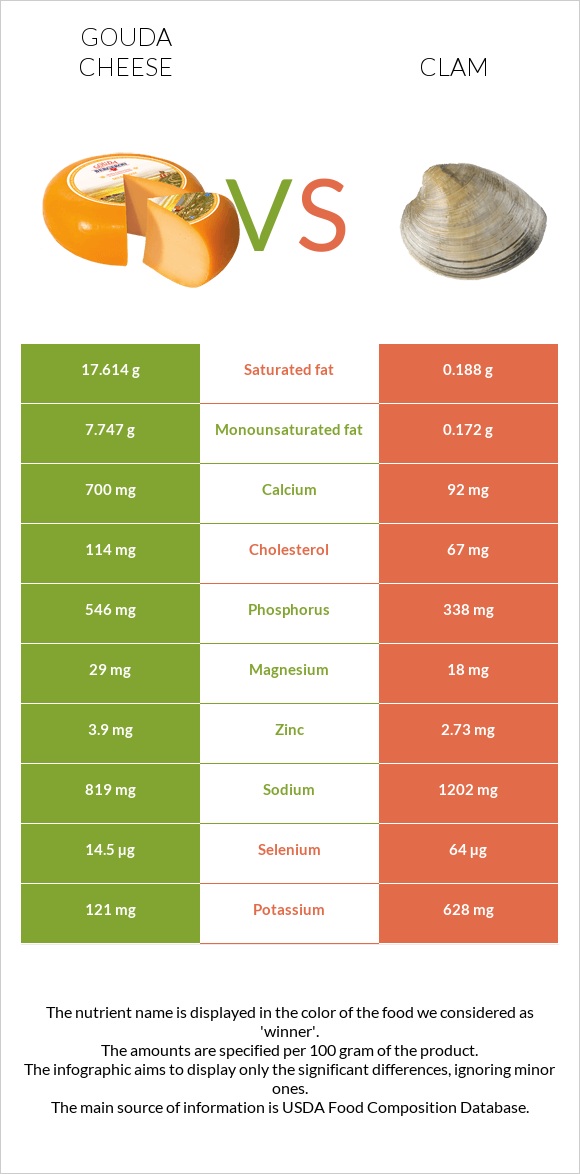 Gouda cheese vs Clam infographic