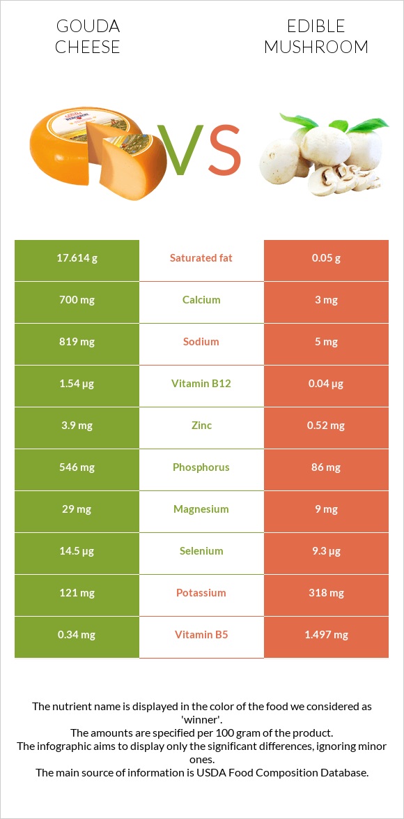 Gouda cheese vs Edible mushroom infographic
