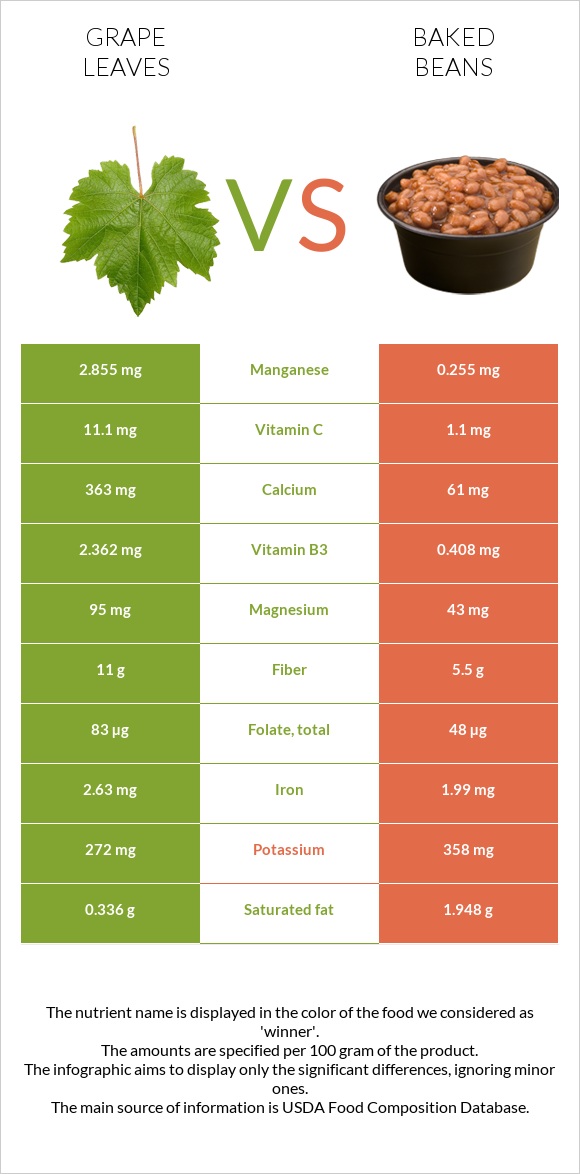 Grape leaves vs Baked beans infographic