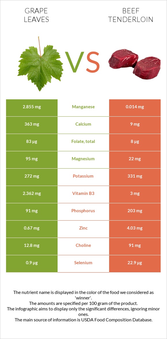 Grape leaves vs Beef tenderloin infographic