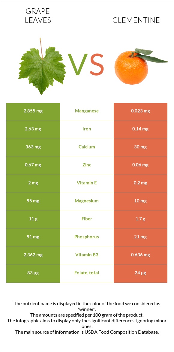 Grape leaves vs Clementine infographic