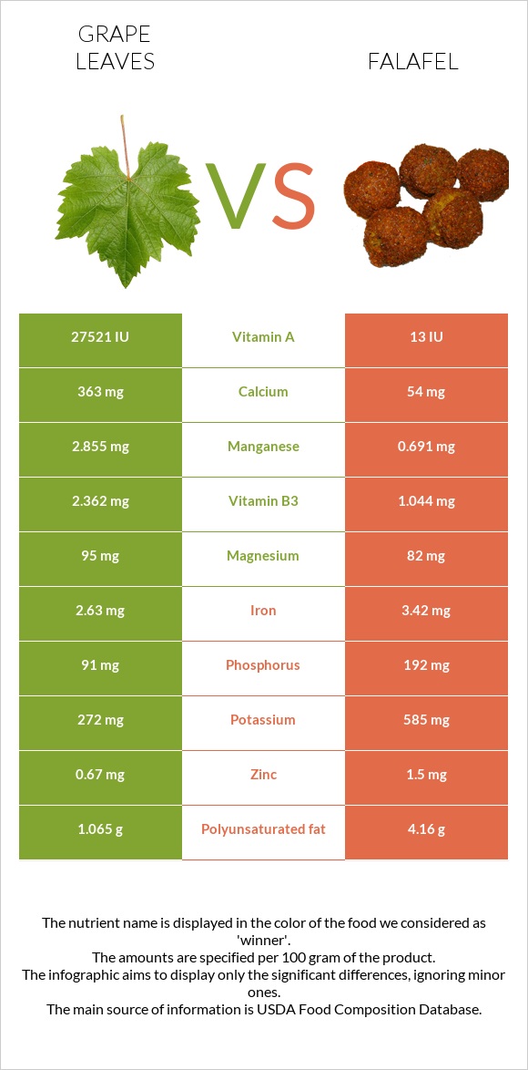 Grape leaves vs Falafel infographic