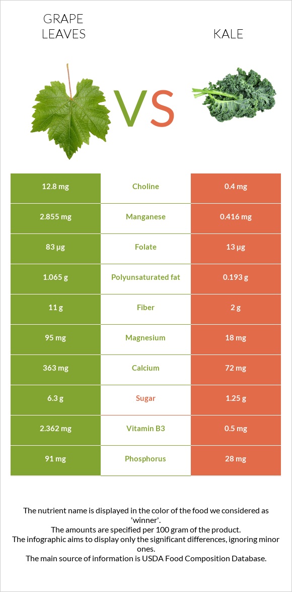 Grape leaves vs Kale infographic