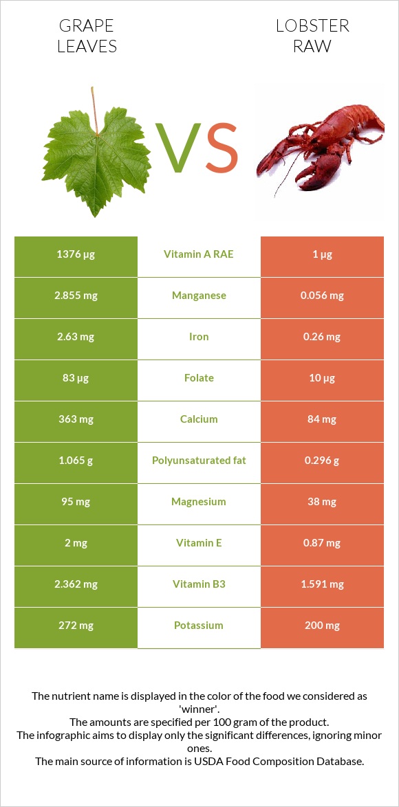 Grape leaves vs Lobster Raw infographic