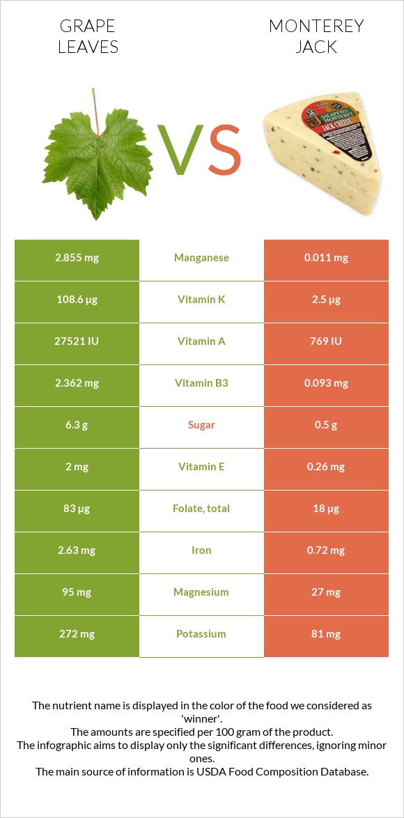 Grape leaves vs Monterey Jack infographic