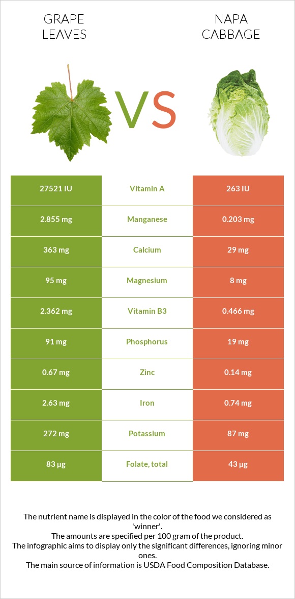 Grape leaves vs Napa cabbage infographic