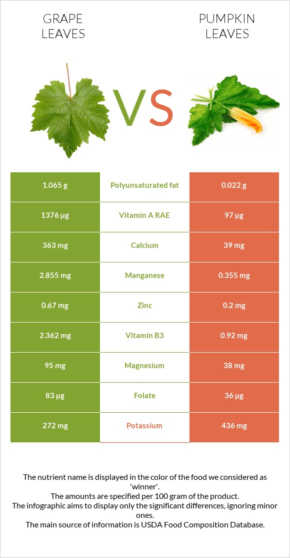 Grape leaves vs Pumpkin leaves infographic