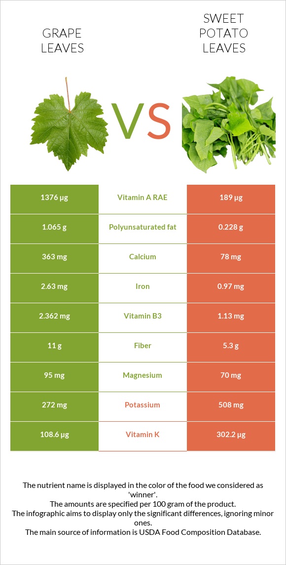 Խաղողի թուփ vs Sweet potato leaves infographic
