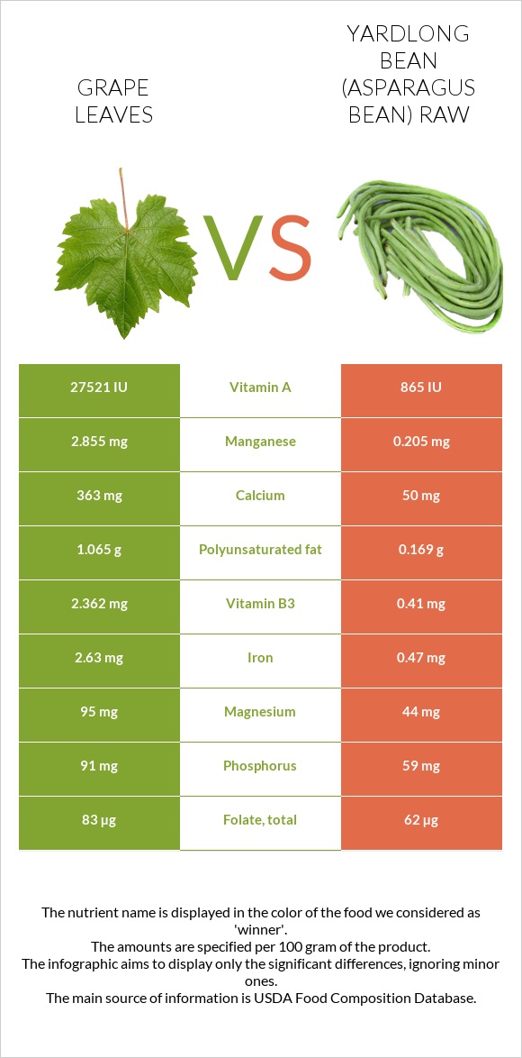 Grape leaves vs Yardlong bean (Asparagus bean) raw infographic