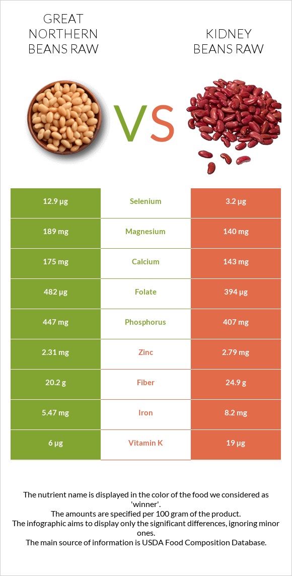 Great northern beans raw vs Kidney beans raw infographic