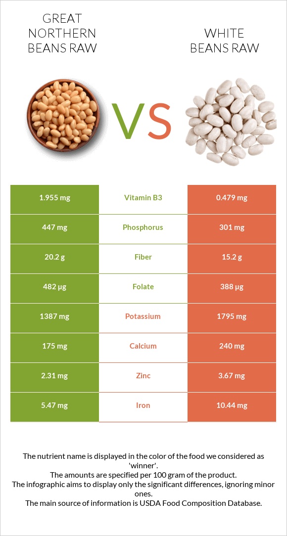 Great northern beans raw vs White beans raw infographic