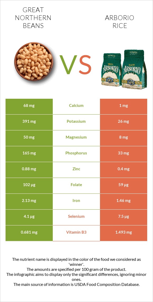 Great northern beans vs Arborio rice infographic