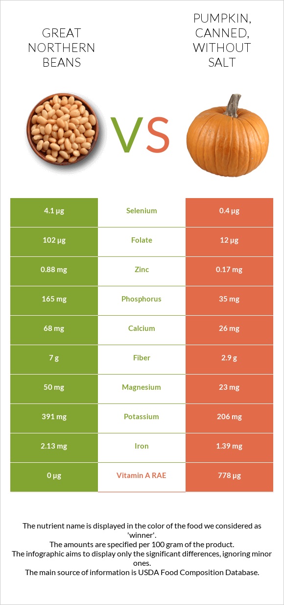 Great northern beans vs Pumpkin, canned, without salt infographic