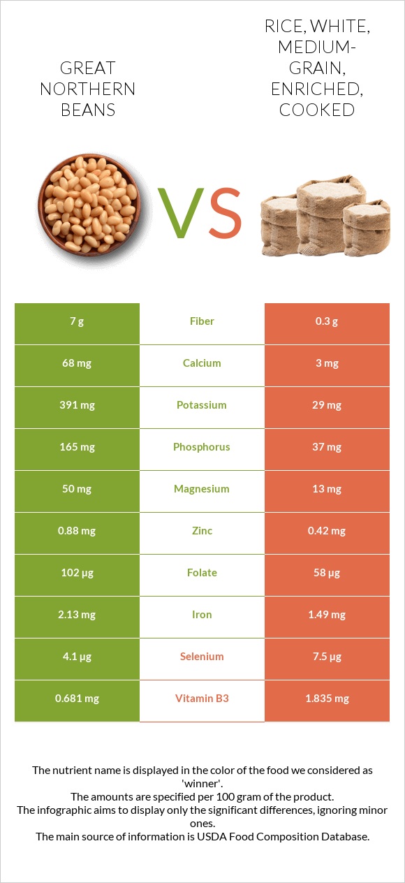 Great northern beans vs Rice, white, medium-grain, enriched, cooked infographic