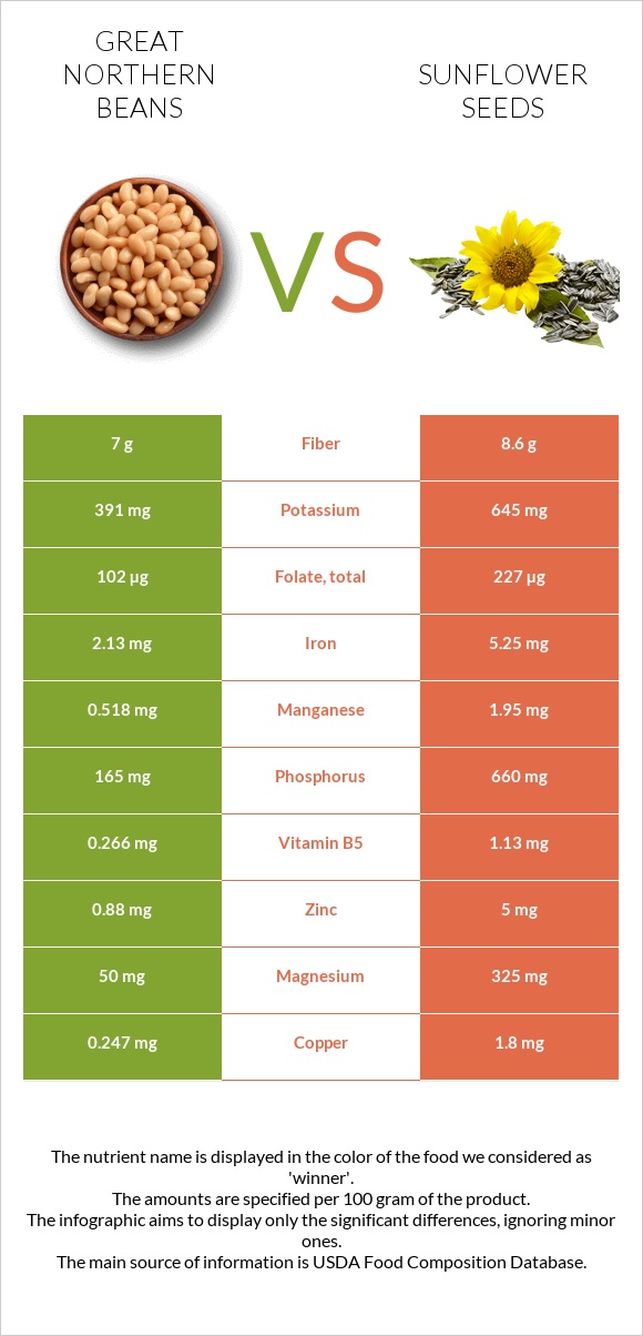 Great northern beans vs Արևածաղիկի սերմեր infographic