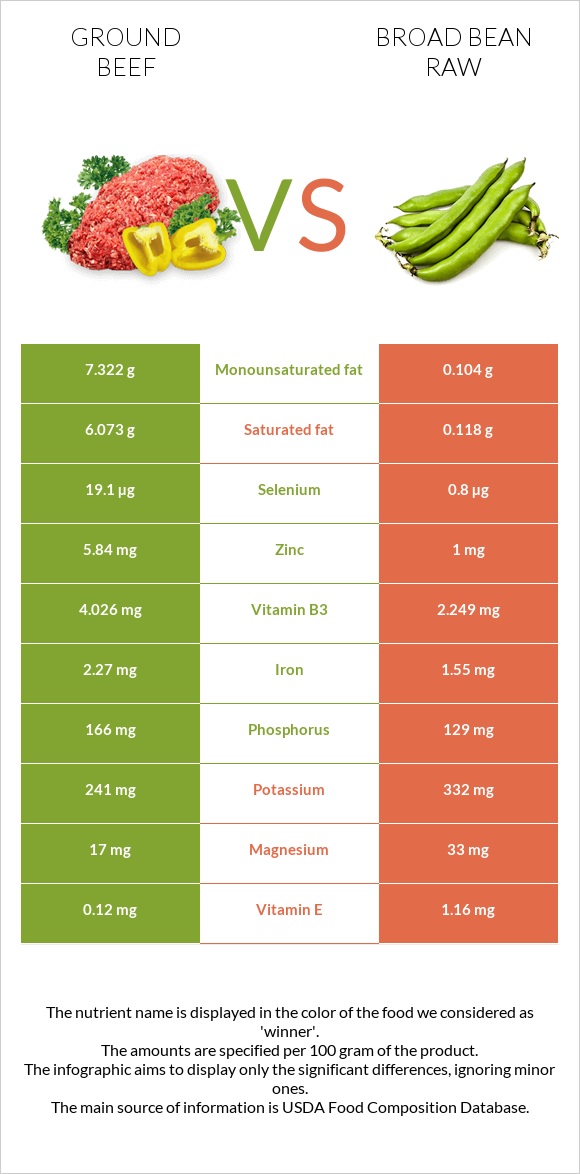 Ground beef vs Broad bean raw infographic