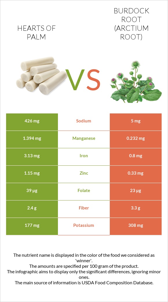 Hearts of palm vs Burdock root infographic