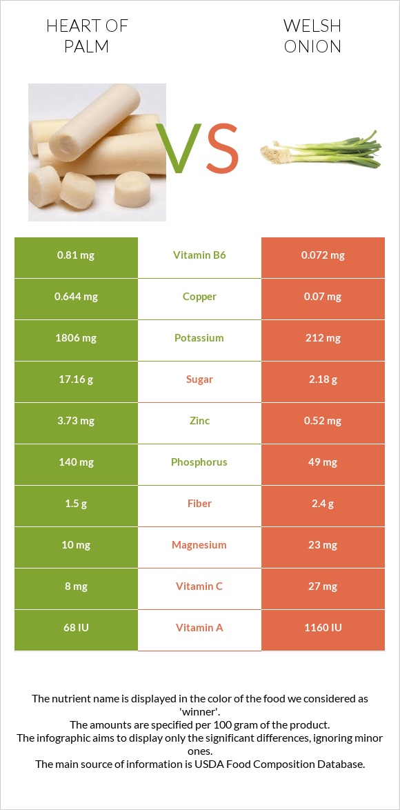 Heart of palm vs Սոխ բատուն infographic