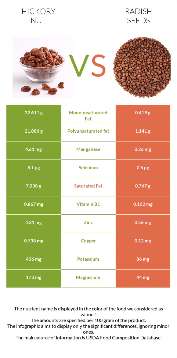 Hickorynuts vs Radish seeds infographic