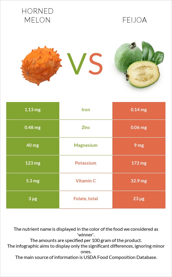 Horned melon vs Feijoa infographic