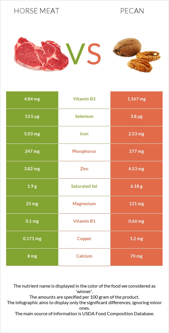 Ձիու միս vs Կարիա պեկան infographic