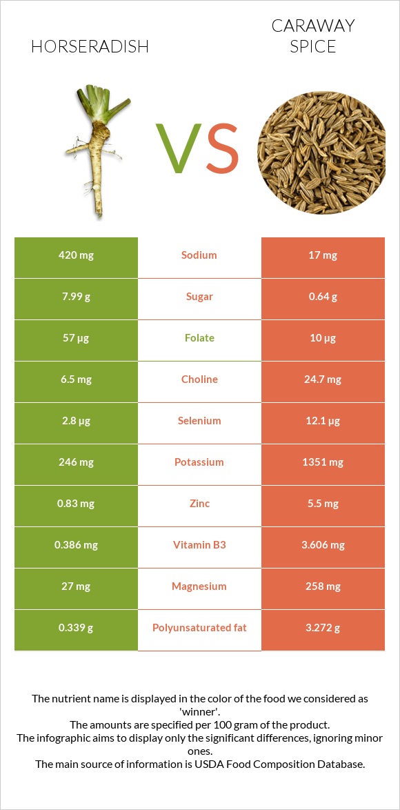 Horseradish vs Caraway spice infographic
