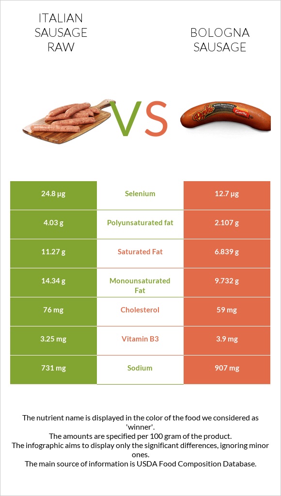 Italian sausage raw vs Bologna sausage infographic