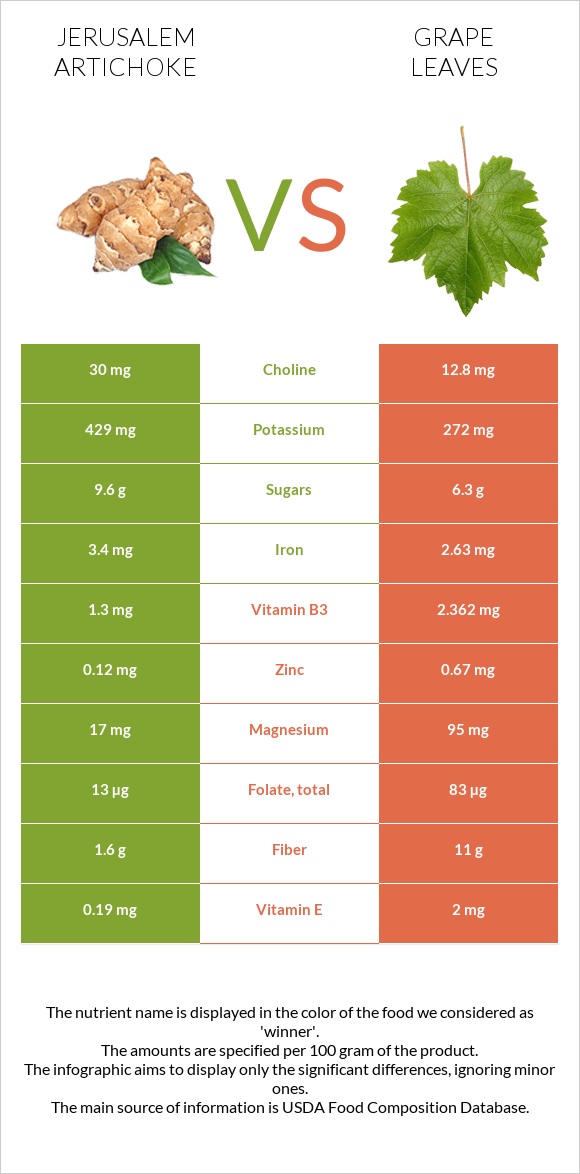 Jerusalem artichoke vs Grape leaves infographic