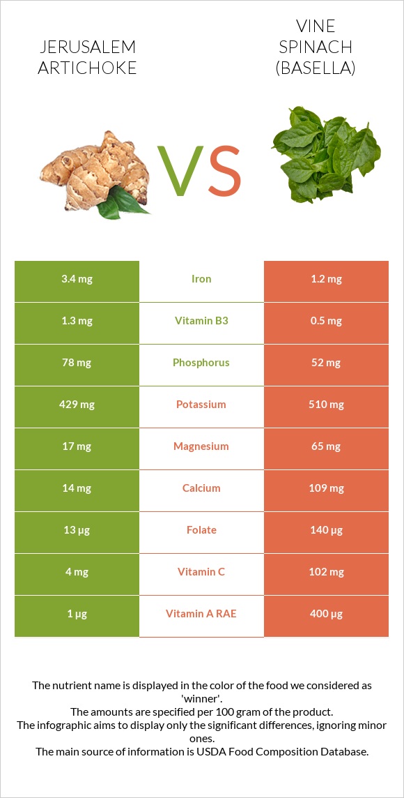 Jerusalem artichoke vs Vine spinach (basella) infographic