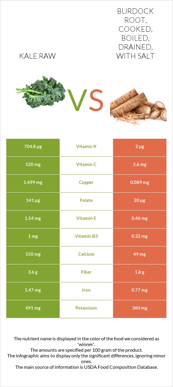 Kale raw vs Burdock root, cooked, boiled, drained, with salt infographic