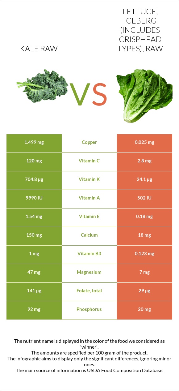 Kale raw vs Lettuce, iceberg (includes crisphead types), raw infographic