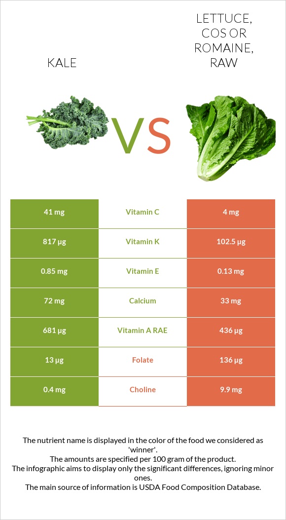 Kale vs Lettuce, cos or romaine, raw infographic