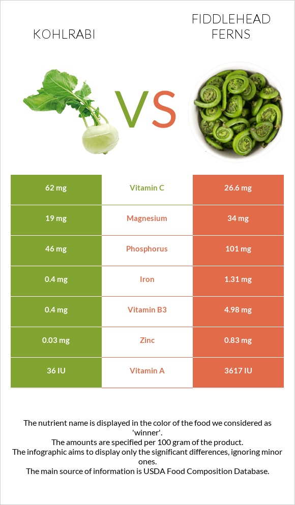 Կոլրաբի (ցողունակաղամբ) vs Fiddlehead ferns infographic