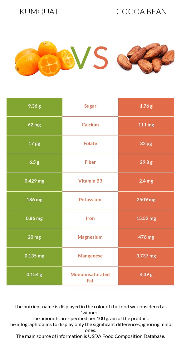 Kumquat vs Cocoa bean infographic