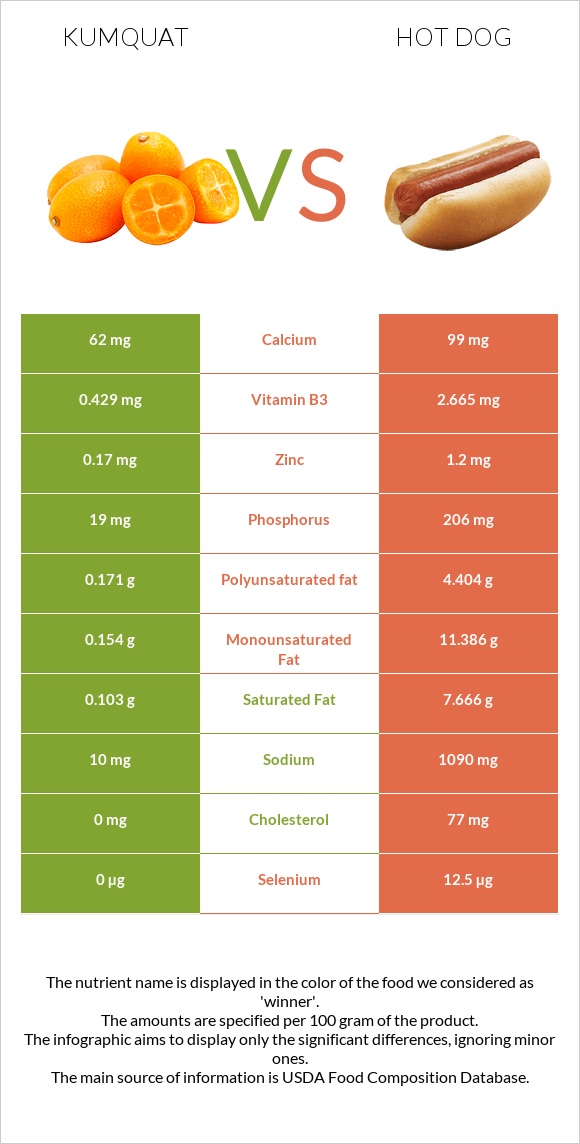 Kumquat vs Հոթ դոգ infographic