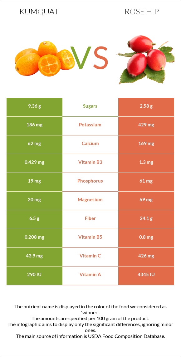 Kumquat vs Rose hip infographic