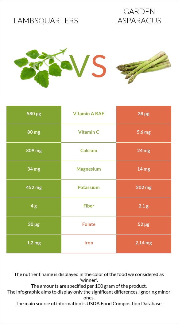 Lambsquarters vs Garden asparagus infographic