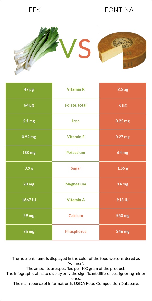 Leek vs Fontina infographic