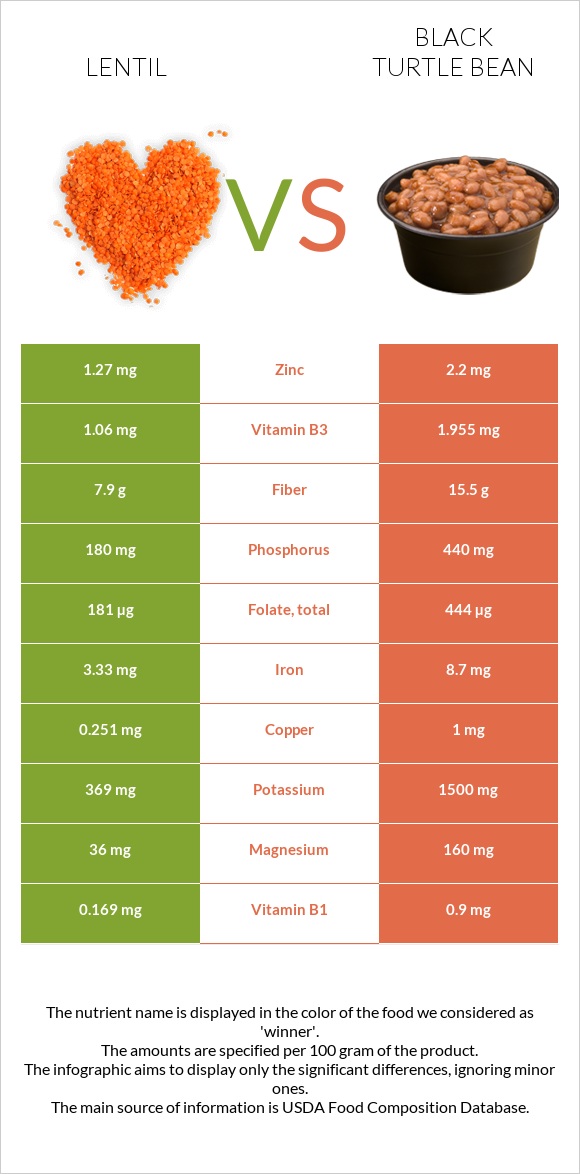 Lentil vs Black turtle bean infographic