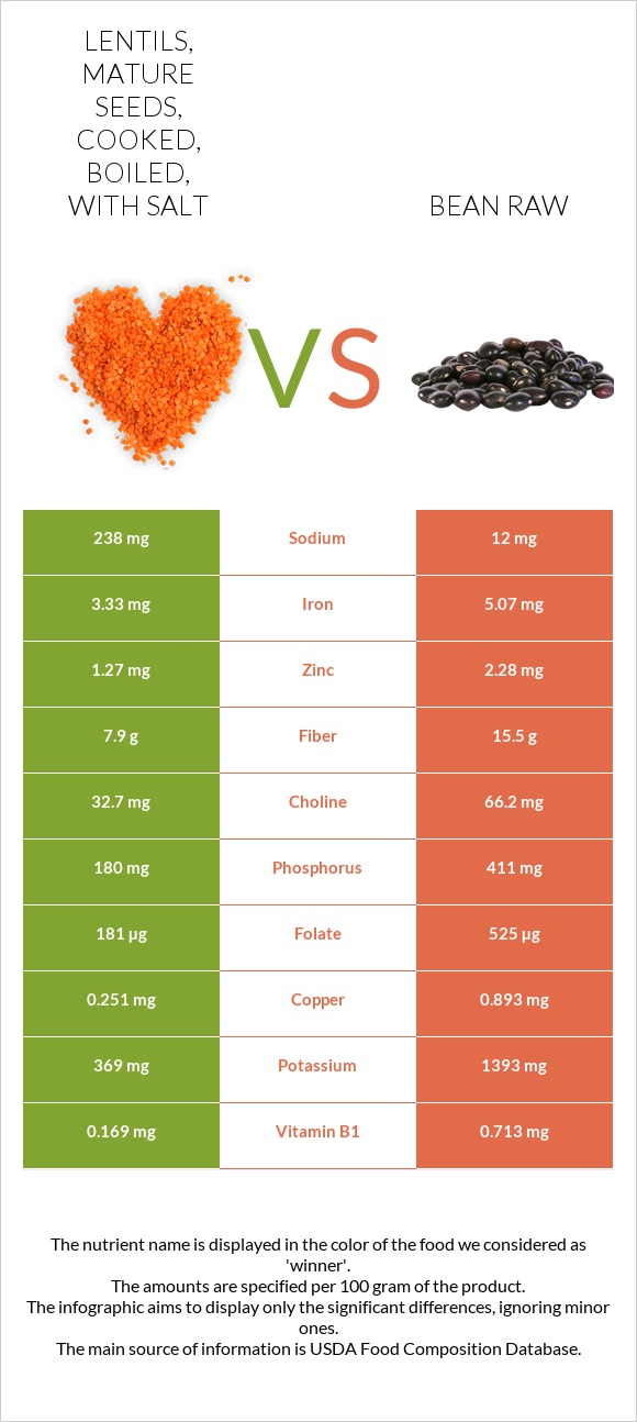 Lentils, mature seeds, cooked, boiled, with salt vs Bean raw infographic