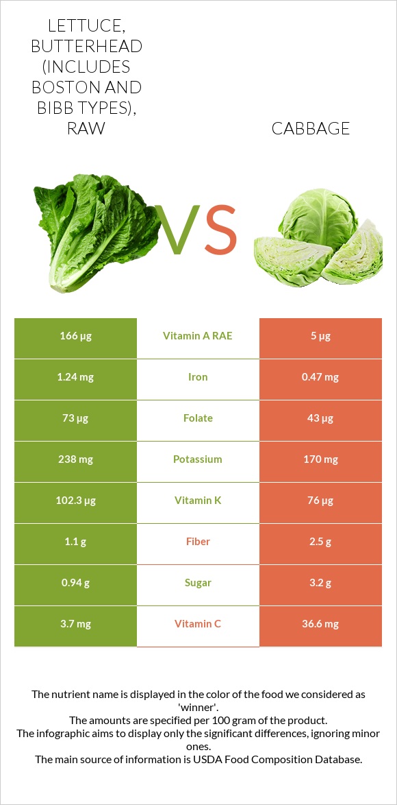 Lettuce, butterhead (includes boston and bibb types), raw vs Cabbage infographic