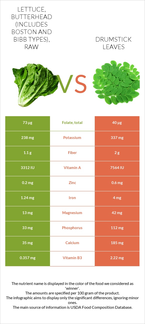 Lettuce, butterhead (includes boston and bibb types), raw vs Drumstick leaves infographic